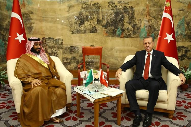 In a friendlier moment, Turkish President Recep Tayyip Erdogan (right) met Prince Mohammed bin Salman...