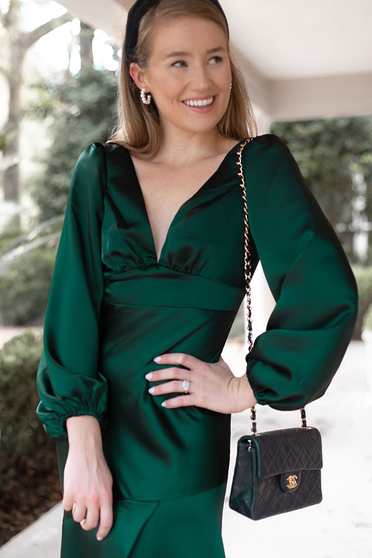 long sleeve green evening gown, black velvet lele sadoughi headband, pearl hoop earrings