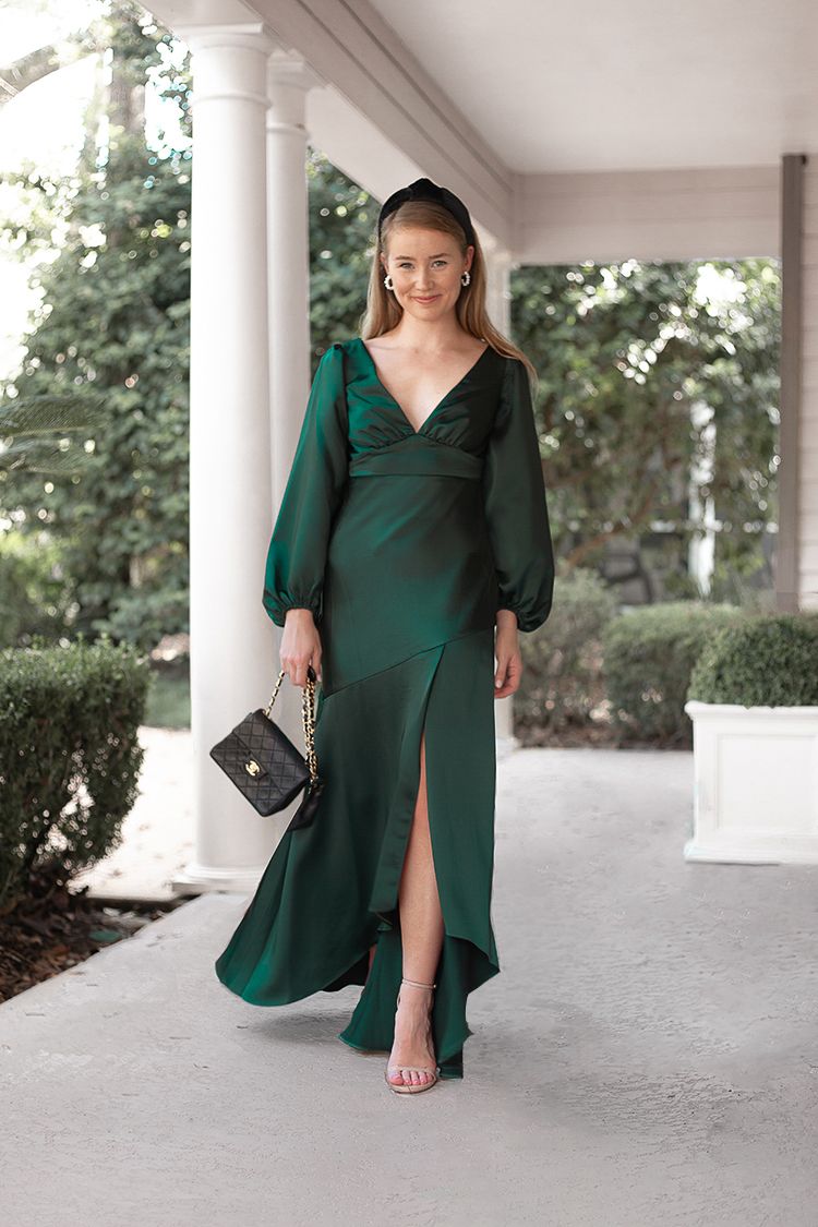 long sleeve green evening gown, black velvet lele sadoughi headband, pearl hoop earrings