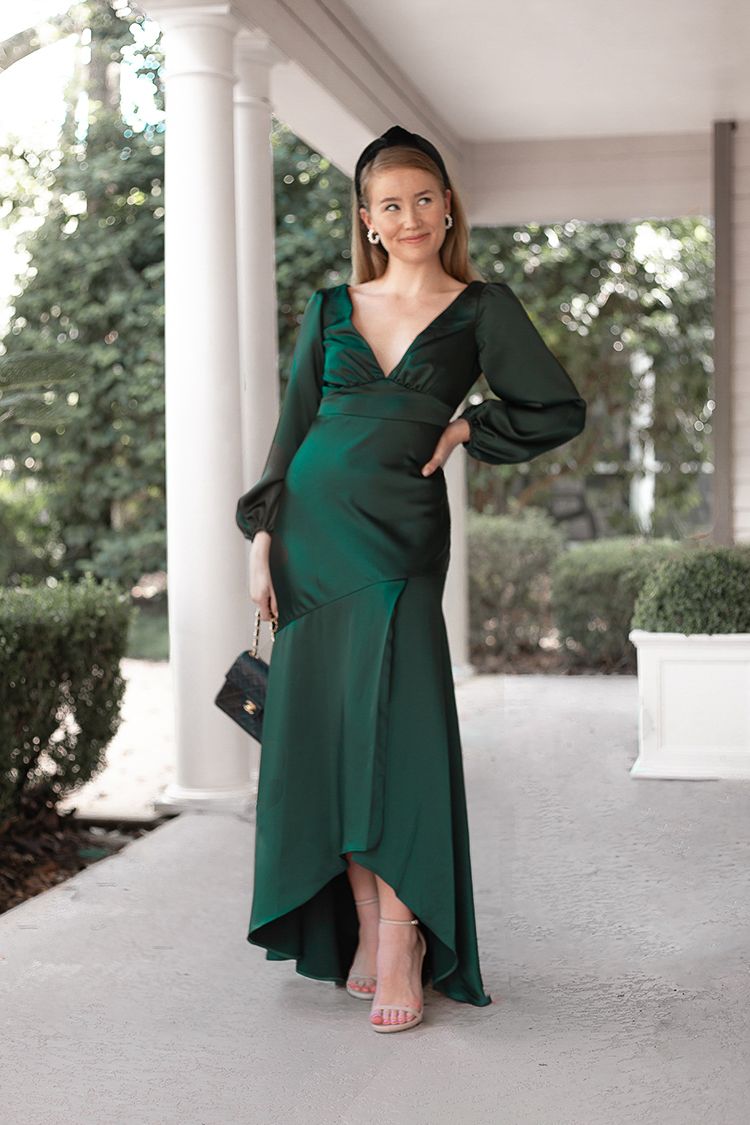 long sleeve green evening gown, black velvet lele sadoughi headband, pearl hoop earrings