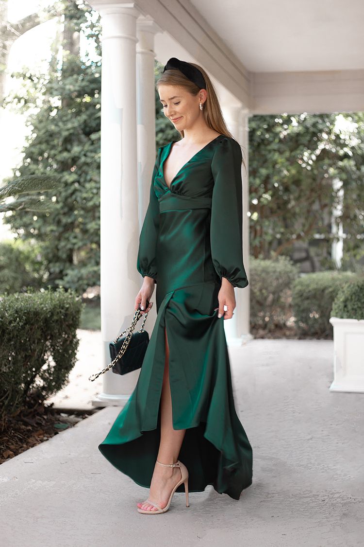 long sleeve green evening gown, black velvet lele sadoughi headband, pearl hoop earrings
