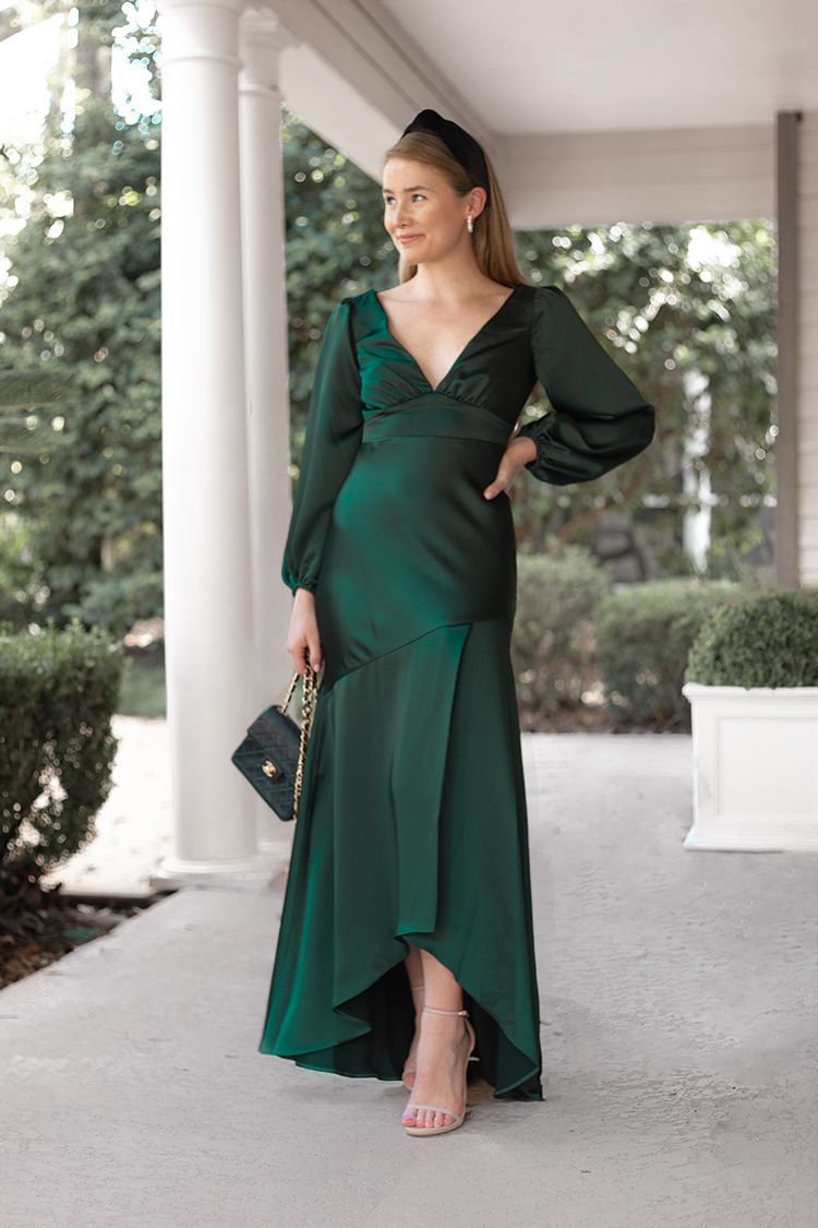 long sleeve green evening gown, black velvet lele sadoughi headband, pearl hoop earrings