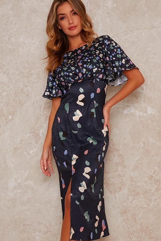 Abstract Midi Dress with Angel Sleeves