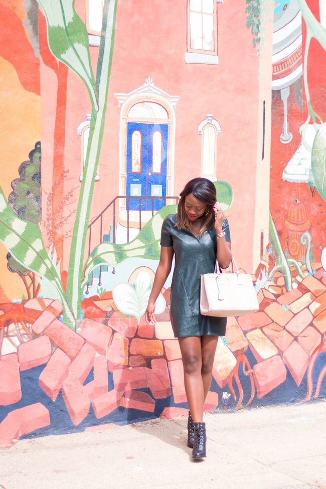D.C blogger Alicia Tenise styles a green leather dress from Zara and the Payless WOMEN'S PRIMM LACE-UP ANKLE BOOT