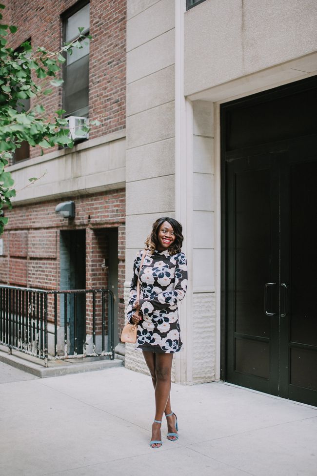 Suno Floral Mini Dress and Steve Madden Blue Suede Heels