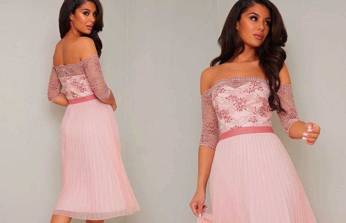 Bardot Sheer Lace Overlay Pleated Midi Dress