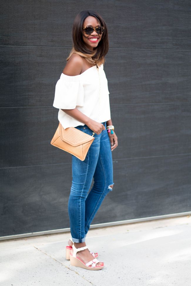 crocs leigh ii graphic wedge, madewell destroyed jeans, topshop bardot top