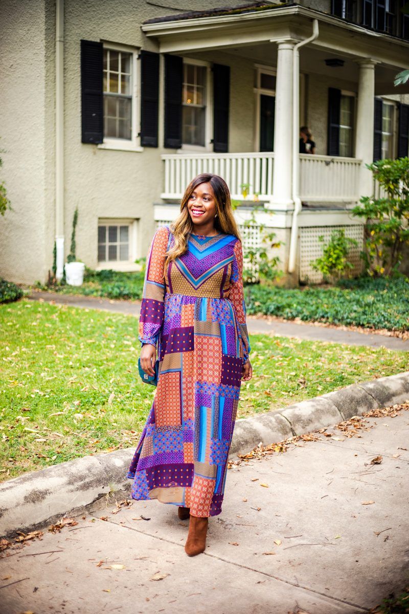 Scoop at Walmart: A New Budget-Friendly Collection That Needs to Be On Your Radar by popular Washington DC fashion blogger, Alicia Tenise: image of a woman outside wearing a Walmart Scoop Scoop Blouson Sleeve Maxi Dress Chevron Print, Scoop Penny Microsuede High Heel Slouch Boot, and holding a Scoop Faux Crocodile Small Crossbody Chain Strap Bag.