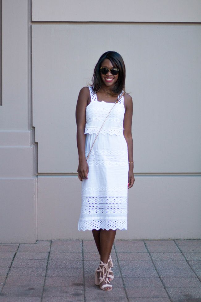 j.crew tiered eyelet midi dress, blush lace up heels, what to wear to afternoon tea