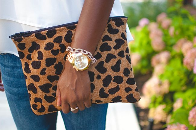 leopard clutch, michael kors runway watch, j.crew pave bracelet