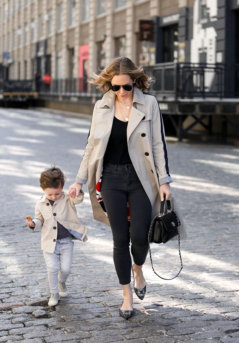 Helena Glazer's outfit details: Trench: Boden Clothing (wearing a size 4) | Tank: L'Agence | Denim: L'Agence | Flats: Manolo | Sunglasses: Le Specs
