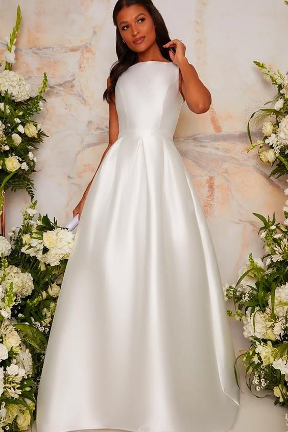 Sleeveless Structured Satin Bridal Dress with Train