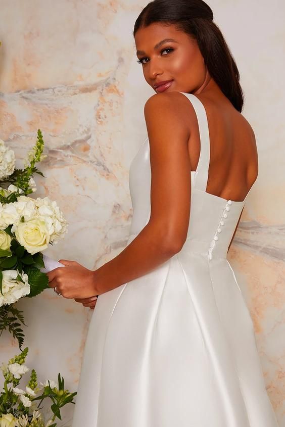 Back of Sleeveless Structured Satin Bridal Dress with Train
