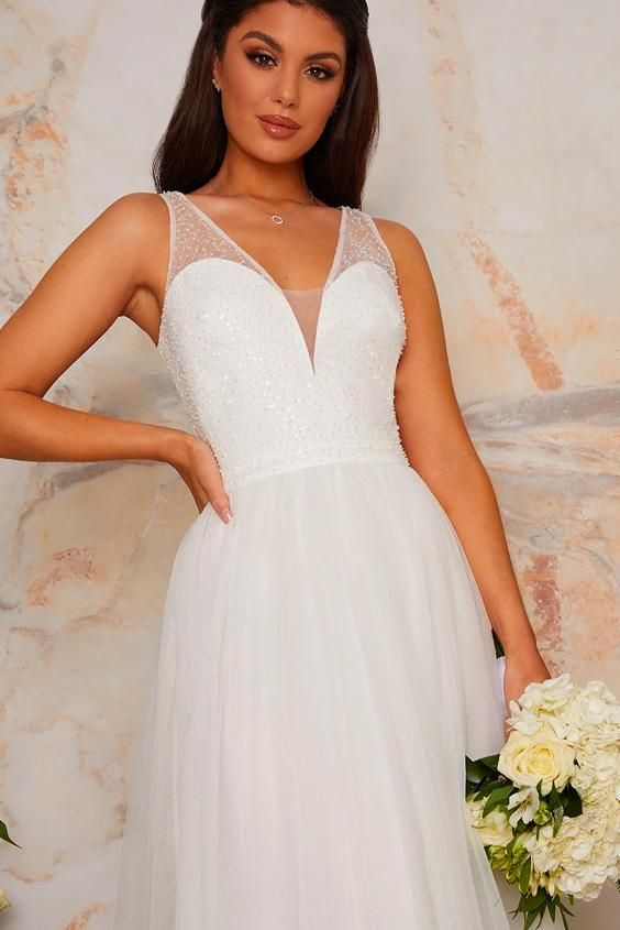 Bridal Sequin Bodice Tulle Maxi Wedding Dress