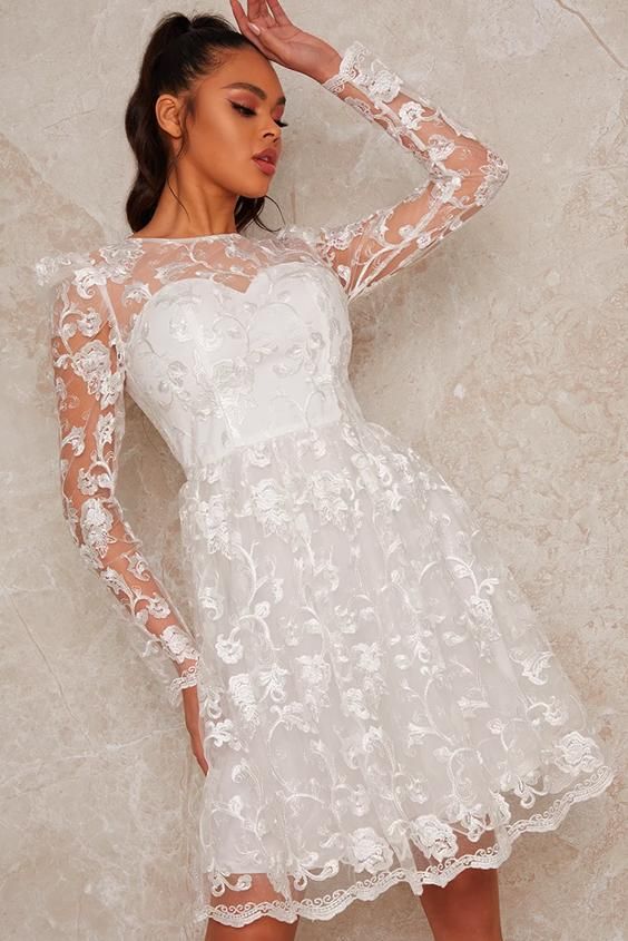 Long Sleeve Floral Embroidered Skater Dress