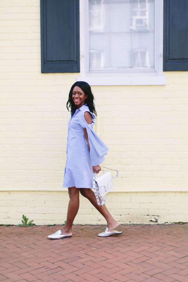 Cold Shoulder Stripe Dress, Rebecca Minkoff Midnighter Top Handle Bag, Silver Mules