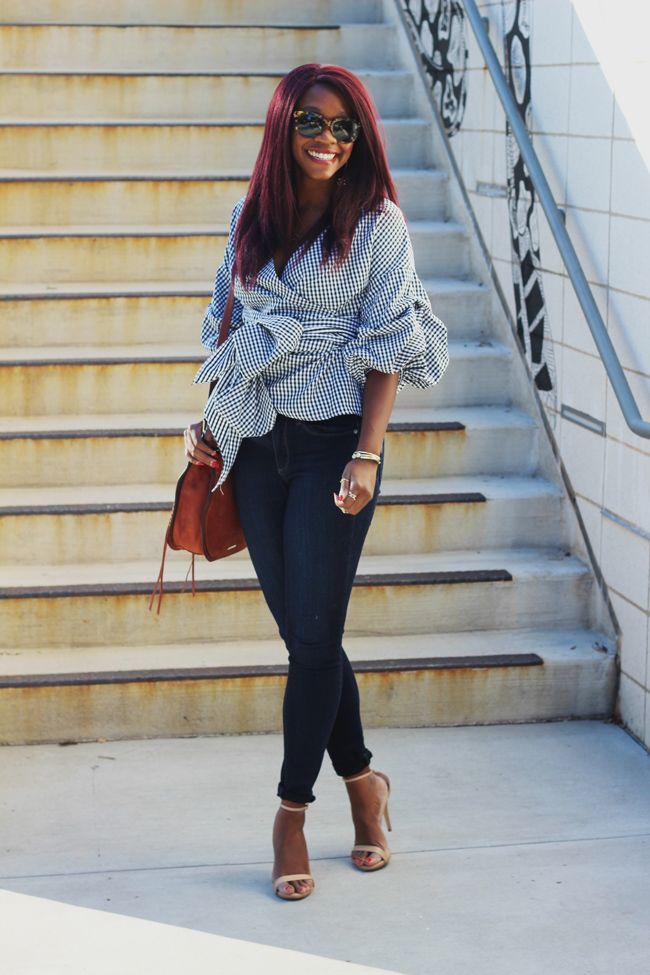 How to wear a wrap top, gingham top for under 50