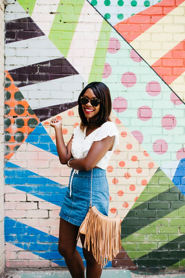 south moon under, cotton candy la lace up top, free people denim mini skirt, street level fringe bag