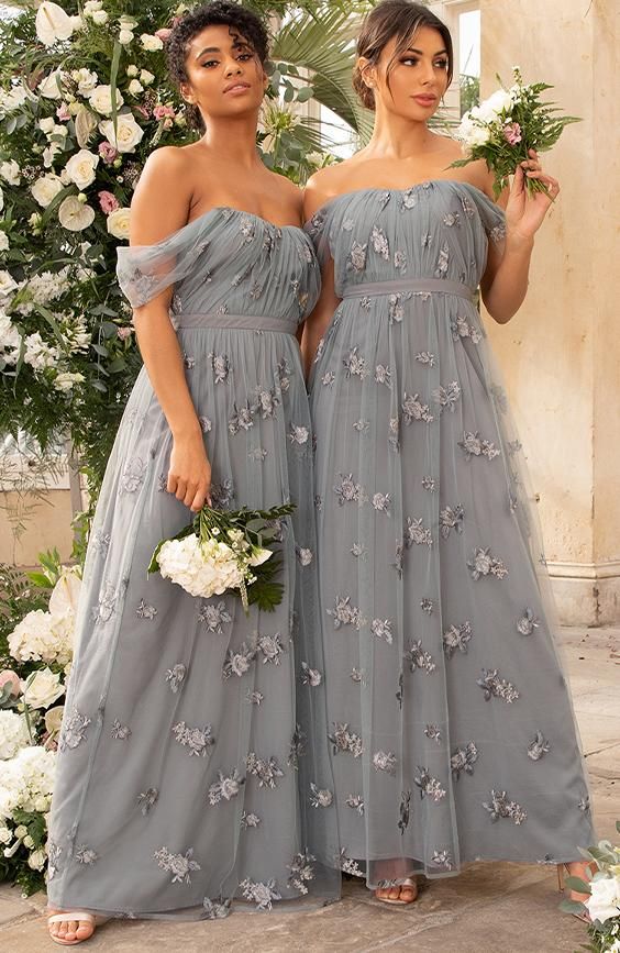 Bridesmaids in Grey Embroidered Dresses
