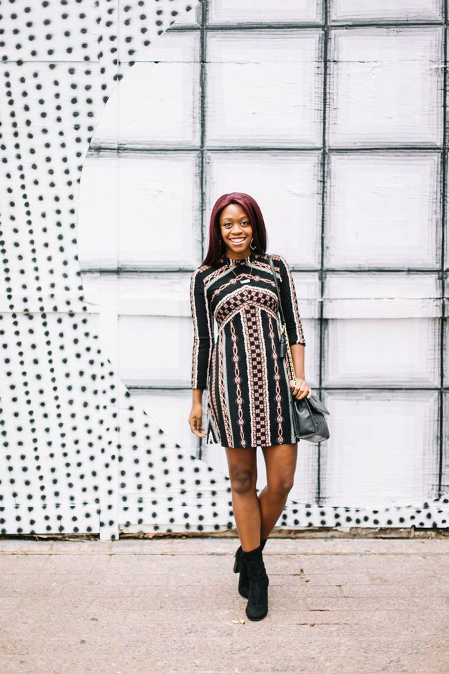D.C. blogger styles the Free People Stella Graphic Print Minidress Vince Camuto Sendra Bootie and Tory Burch Fleming Bag