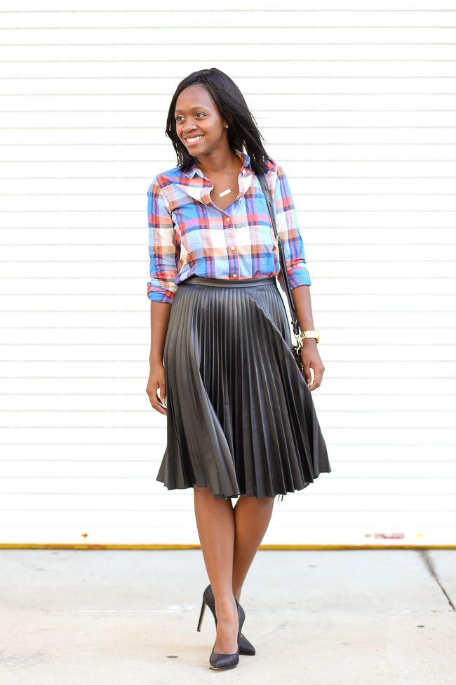 jcrew plaid boy shirt, pleated leather midi skirt, dc blogger, fashion blog