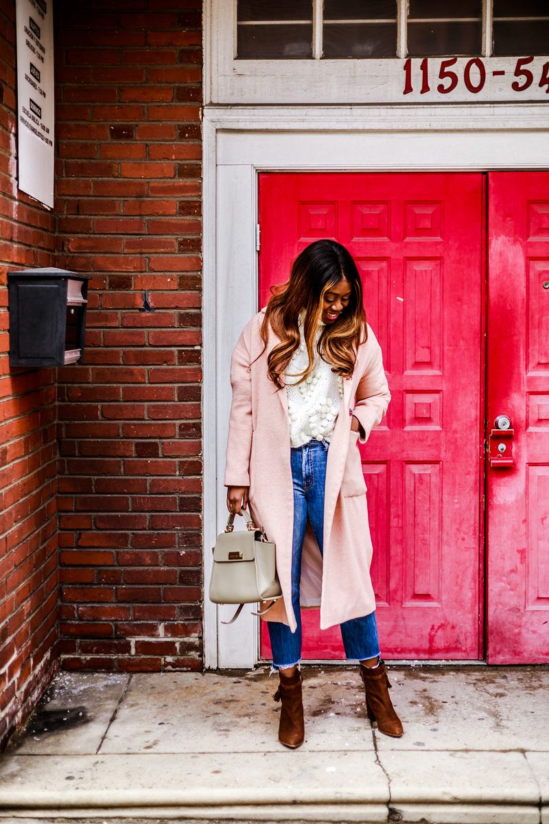 Pink Maxi Coat, Turtleneck Sweater, Cropped Flare Denim - Learning to Love the Turtleneck Fashion by popular Washington DC blogger Alicia Tenise
