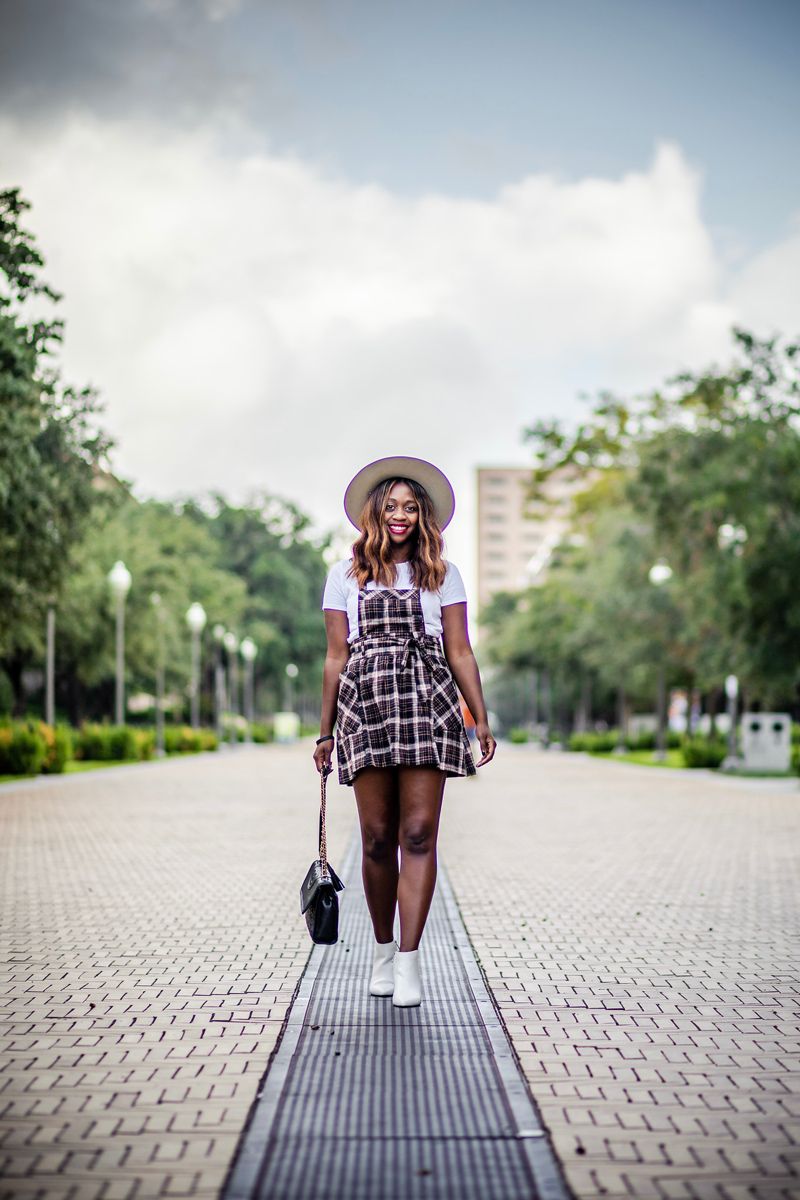 Free People Clover Pinafore Dress, Plaid Jumper, White Booties | The Perfect Indian Summer Outfit featured by top Virginia style blog Alicia Tenise