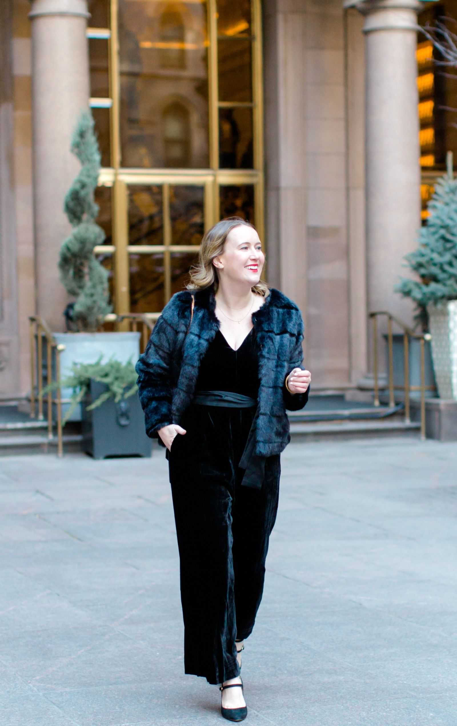 Velvet Jumpsuit and Faux Fur Jacket I wit & whimsy