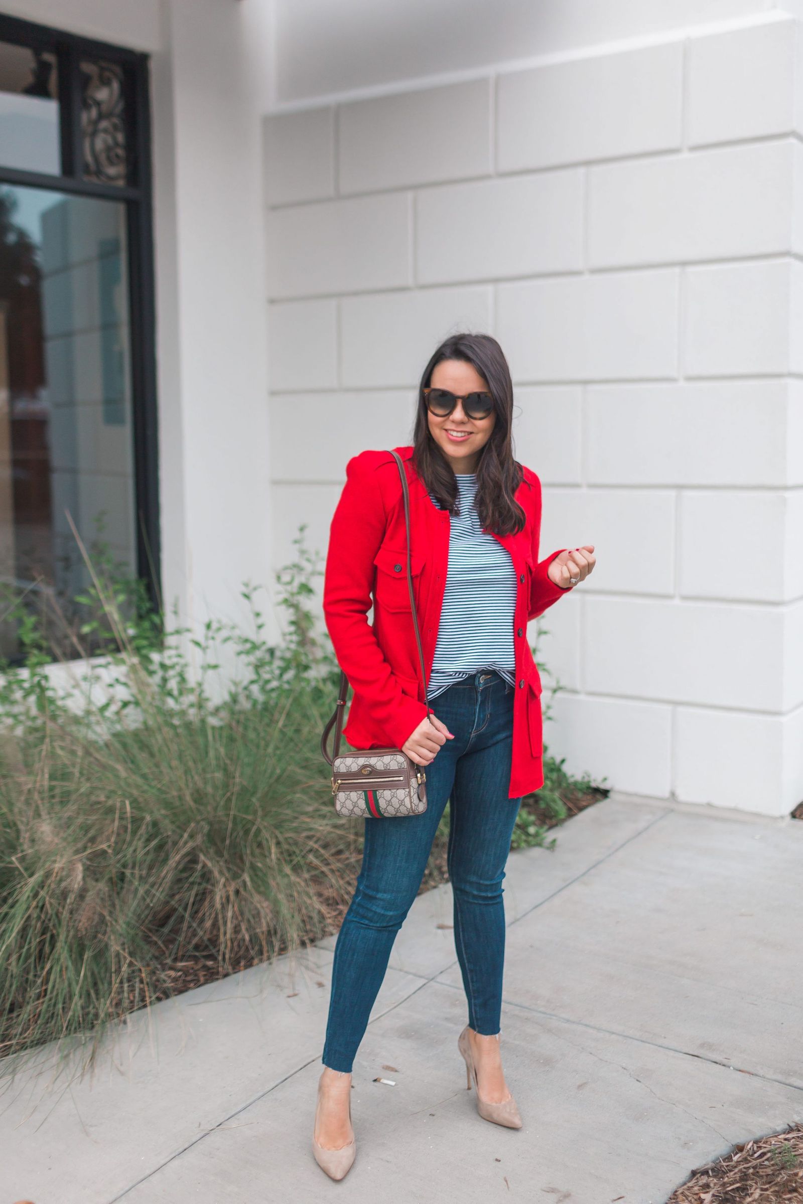 Blazer, denim and suede pumps outfit ideas | Adored by Alex