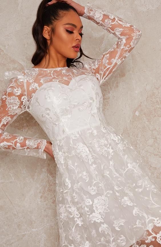 Long Sleeve Floral Embroidered Skater Dress in White