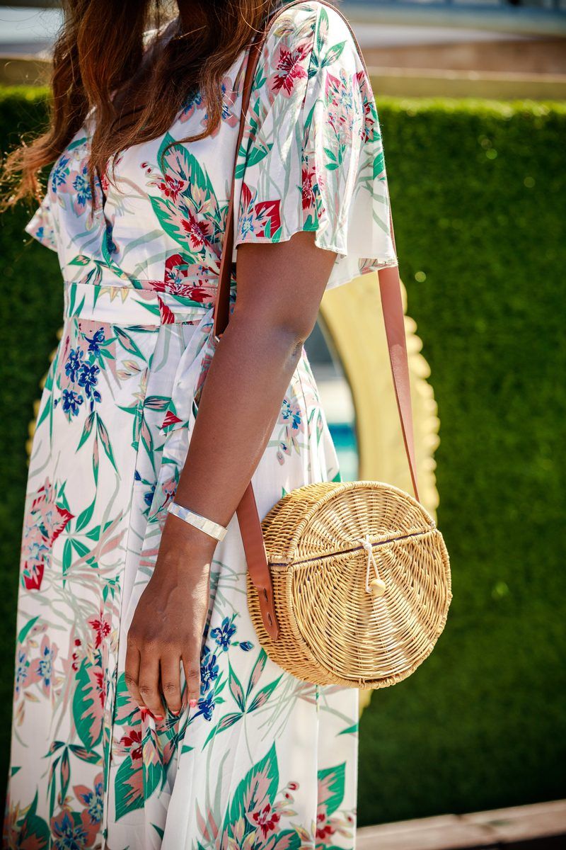 Wicker Bag Trend for Summer - Red Dress Floral Wrap Dress for the Summer featured by popular DC style blogger, Alicia Tenise
