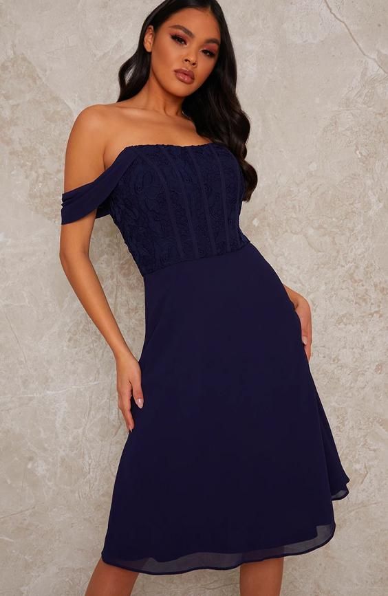 Crochet Bodice Bardot Midi Dress in Navy