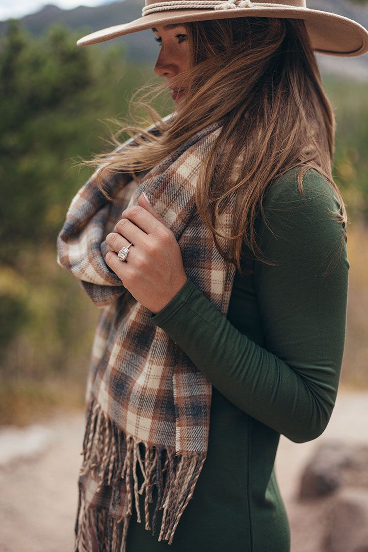 lou and grey long sleeve dress, brixton wool felt hat, emerald cut three stone engagement ring
