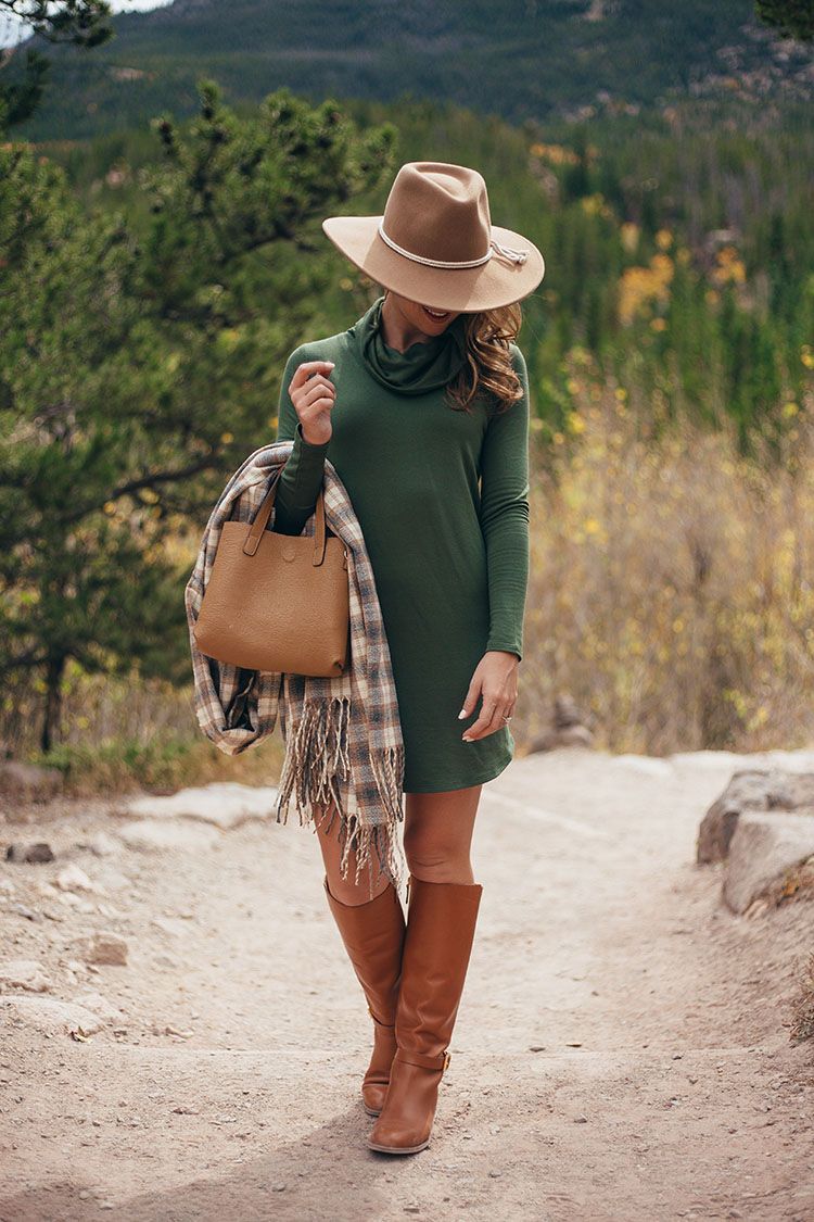 lou and grey long sleeve dress, tory burch riding boots, brixton wool felt hat