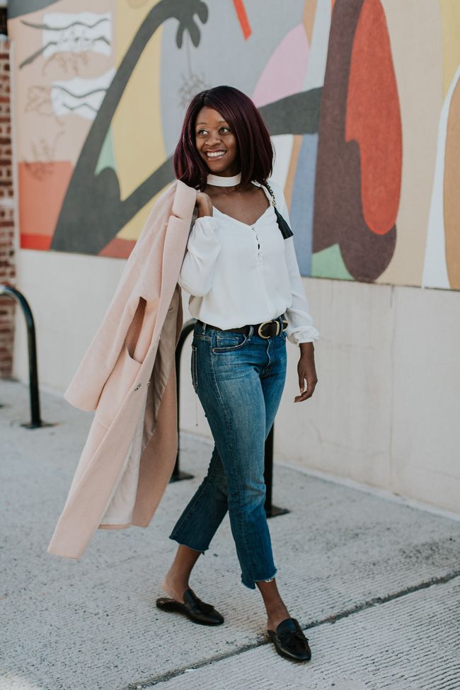 D.C. blogger Alicia Tenise styles the Wayf Sweet Symphony Necklace, Mother Cropped Flare Denim and Sam Edelman Loafer Mules