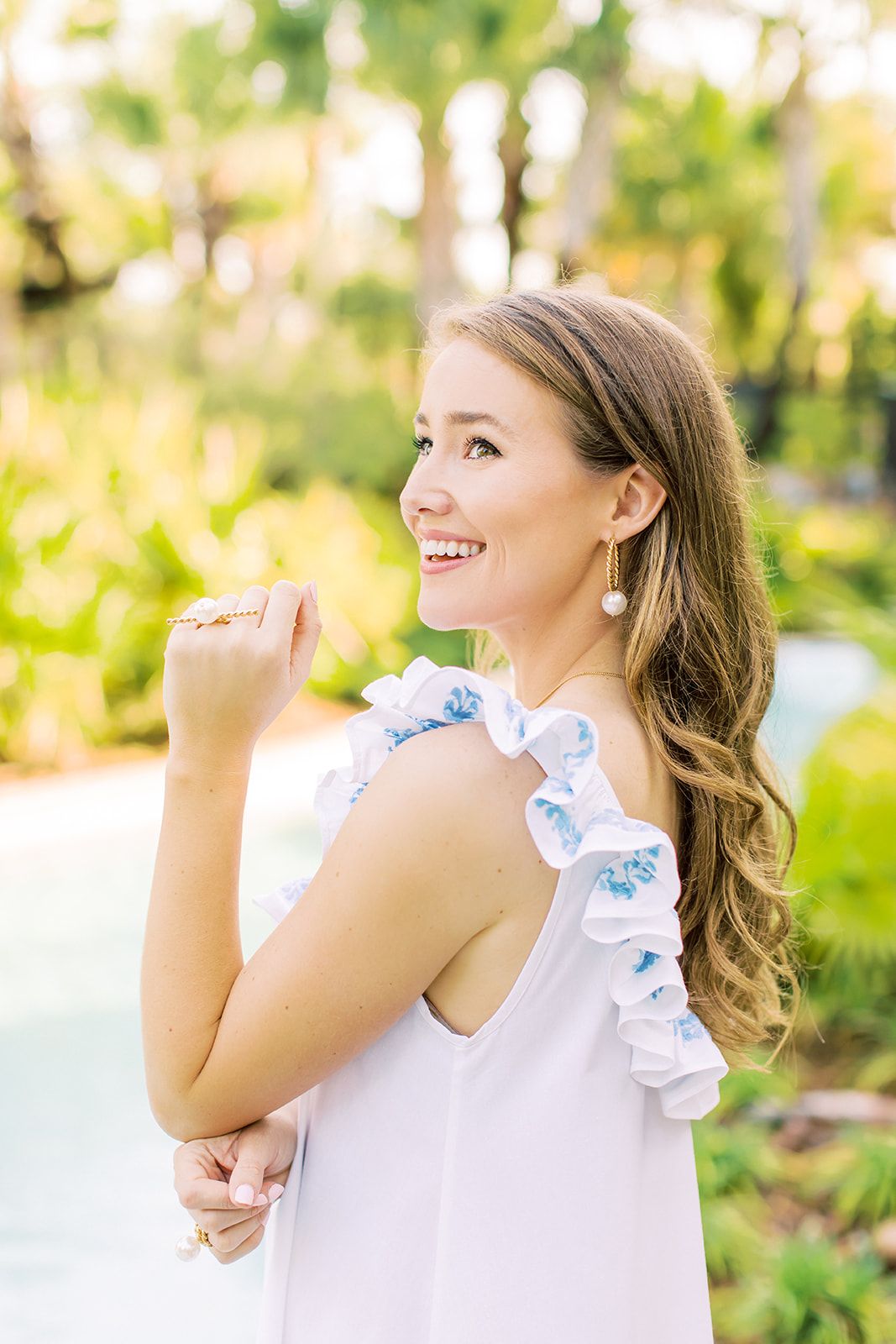 pearl hoop earrings, dainty pearl necklace, pearl cocktail ring, kate bowman accessory junkie collection, mi golondrina dress