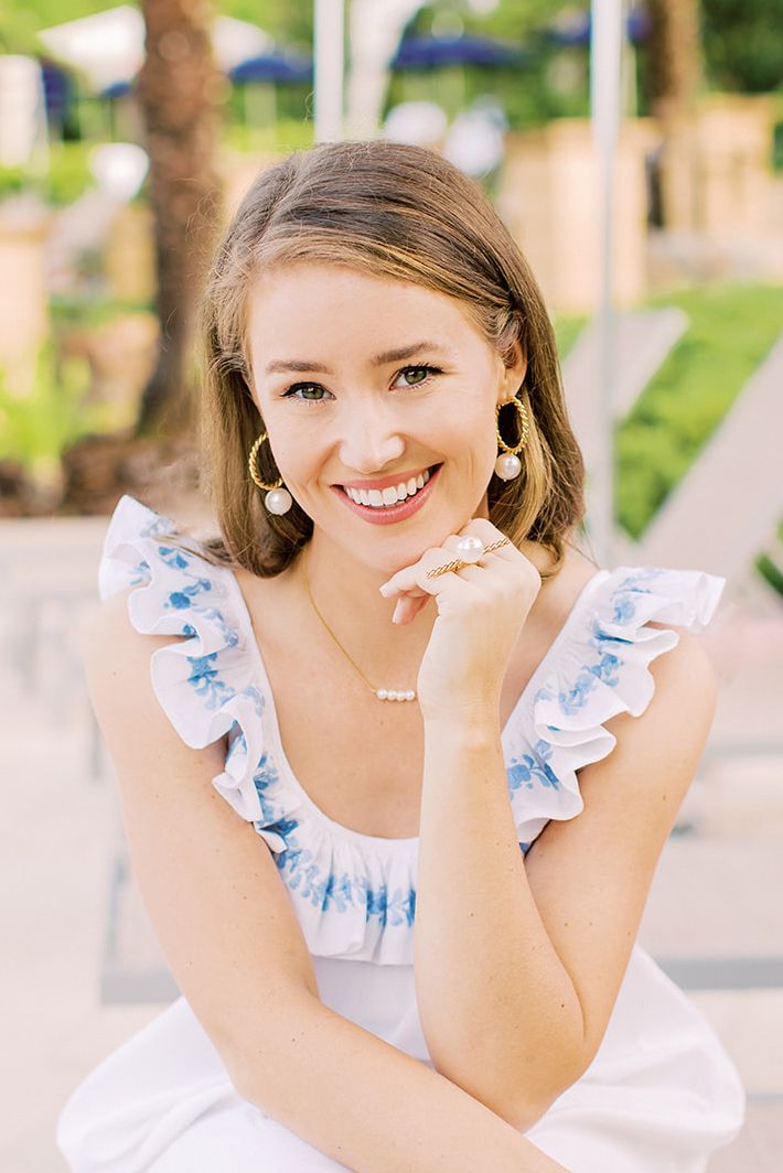 pearl hoop earrings, dainty pearl necklace, pearl cocktail ring, kate bowman accessory junkie collection, mi golondrina dress