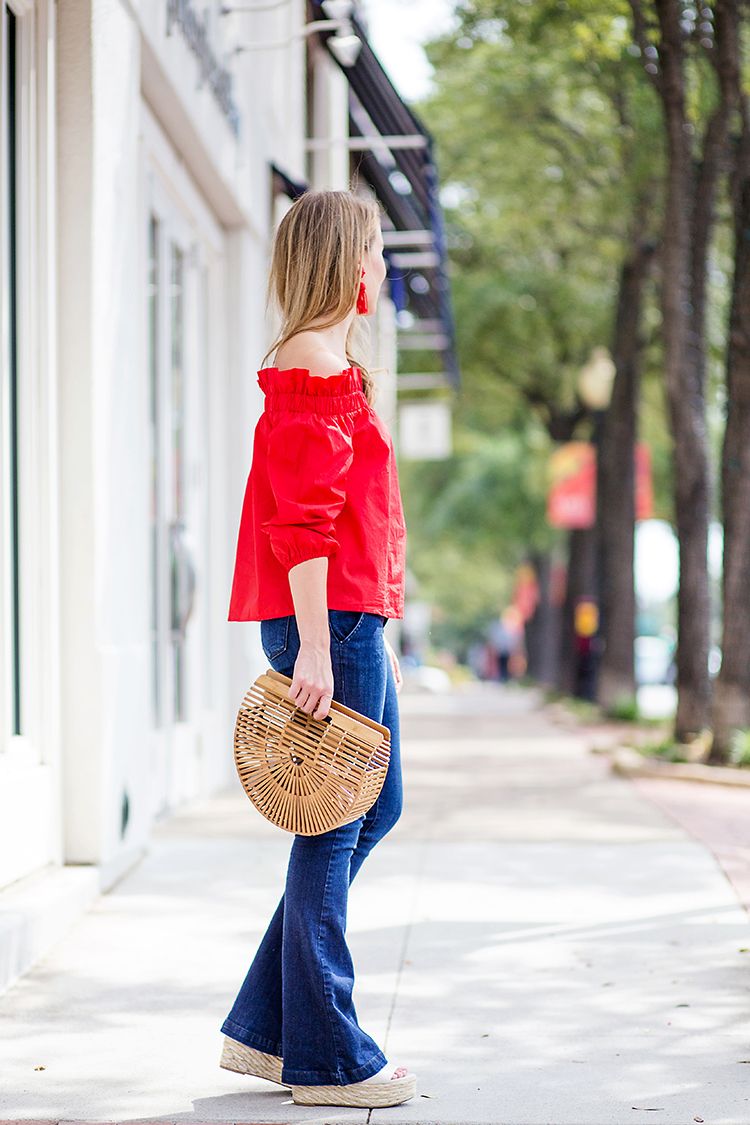 red off the shoulder top