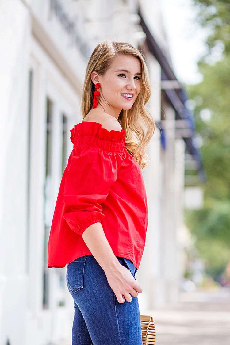 red off the shoulder top