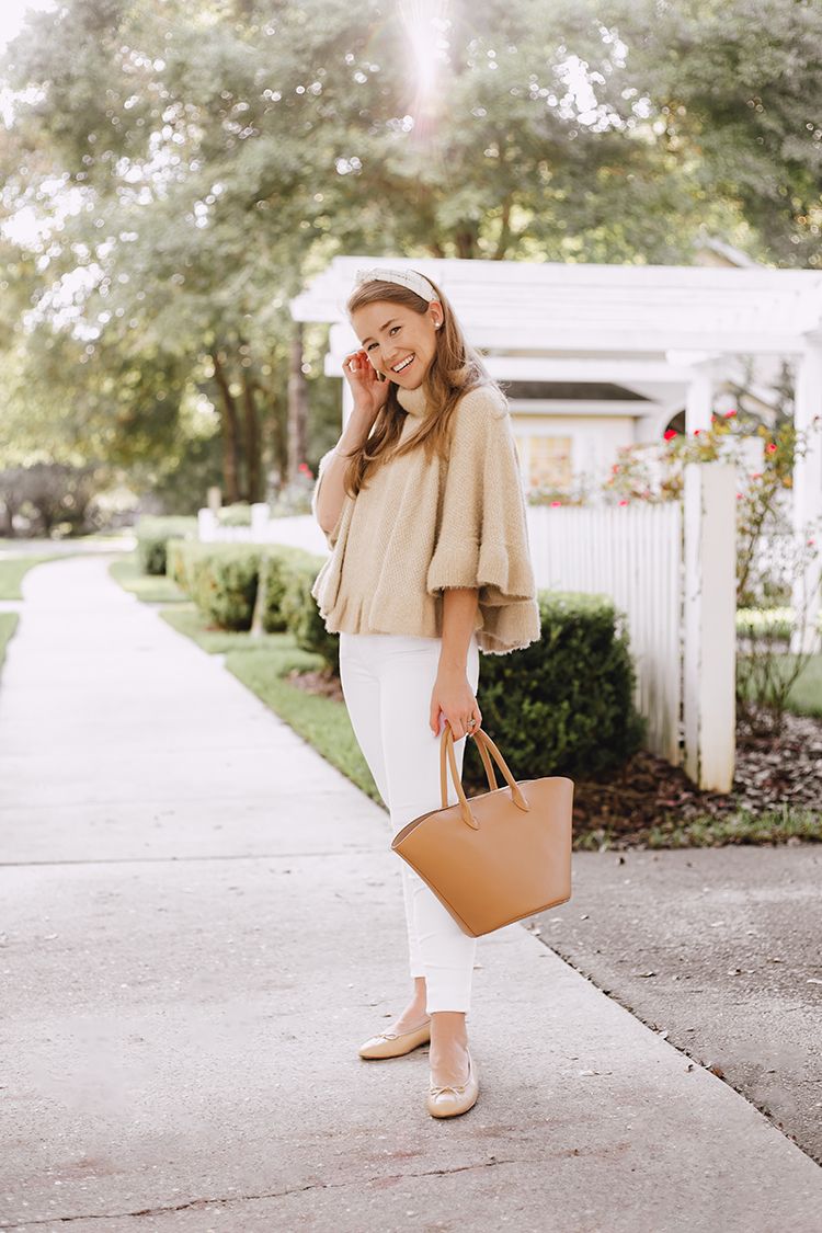 ruffled sweater, beige chanel ballet flats