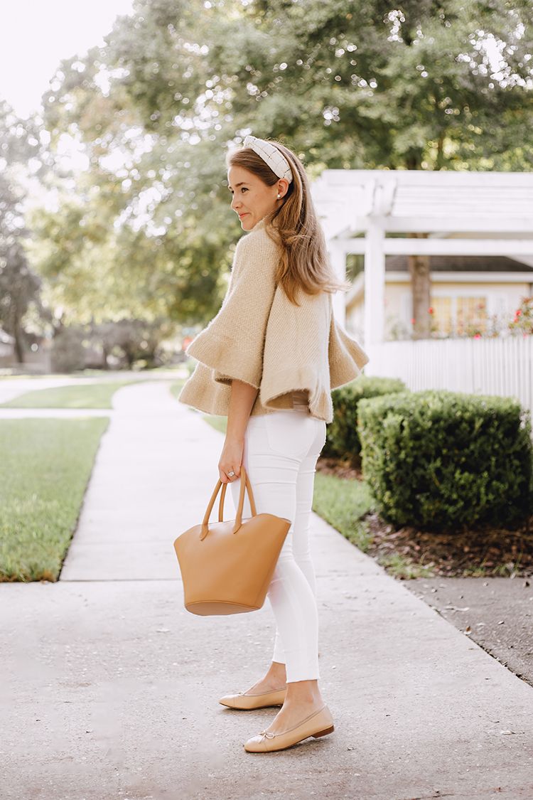 ruffled sweater, beige chanel ballet flats