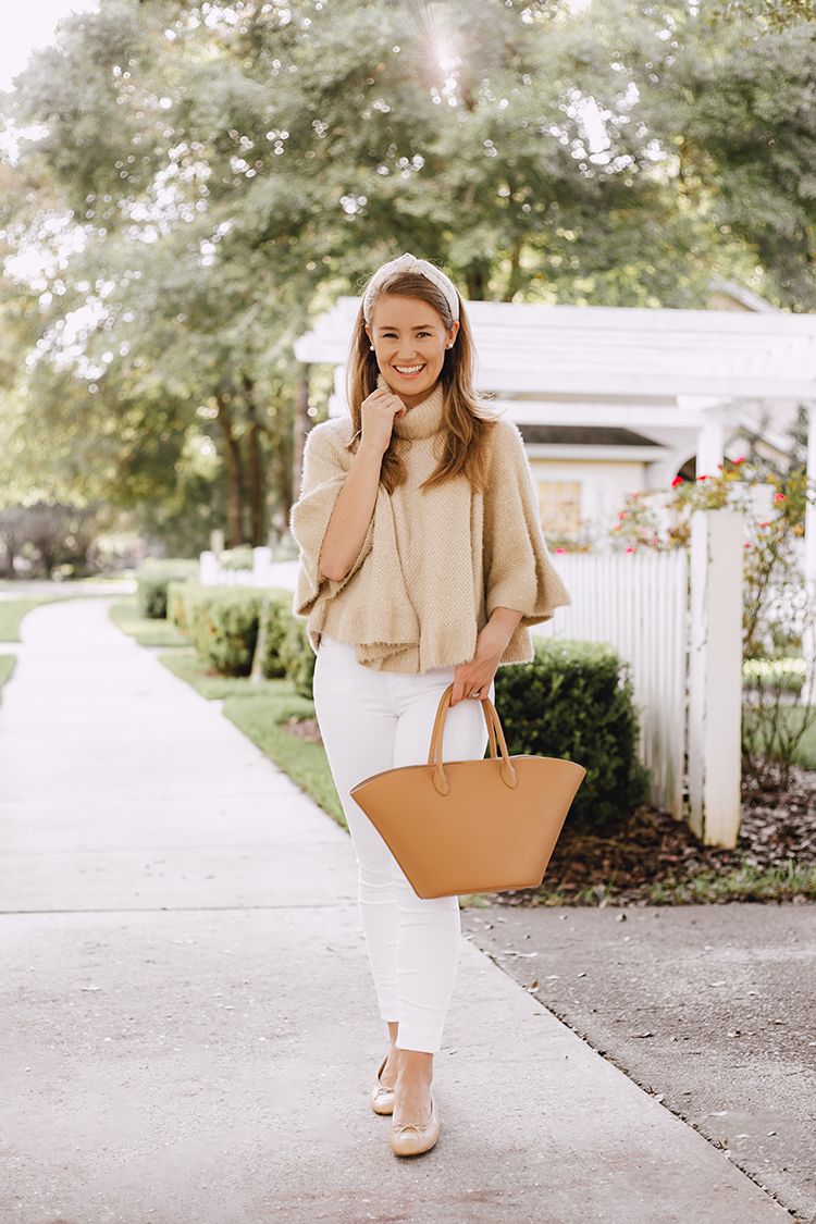 ruffled sweater, beige chanel ballet flats