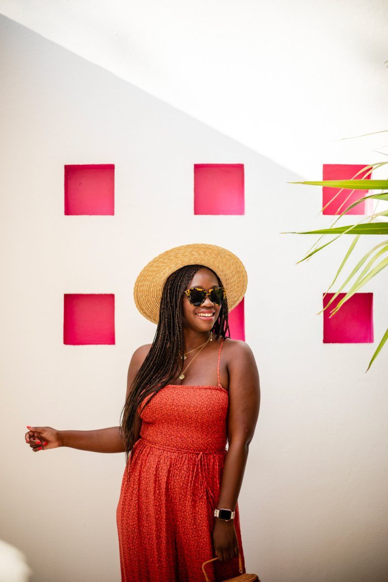 Brixton 'Joanna' Straw Hat | How to Deal with Stress and Anxiety by popular DC lifestyle blogger, Alicia Tenise: image of a woman wearing a ShopBop Free People Free People Little Of Your Love Jumpsuit, Nordstrom Brixton Joanna Straw Hat, ShopBop Karen Walker The Number One Sunglasses, and holding a Moda Operandi Cult Gaia bag.