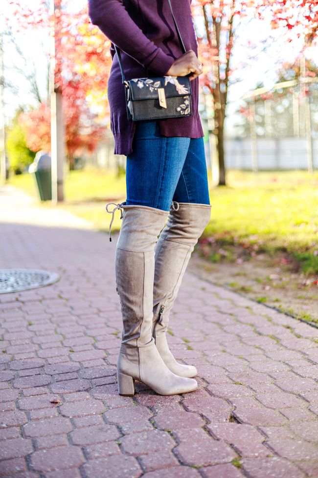 Embroidered Handbag, Tan Over The Knee Boots - Fall Styles with Grey Over the Knee Boots by Washington DC fashion blogger Alicia Tenise