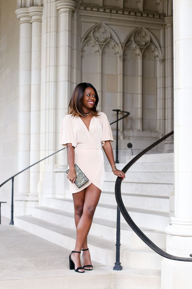 D.C. blogger Alicia Tenise styles the Missguided Gold Plunge Wrap Front Dress