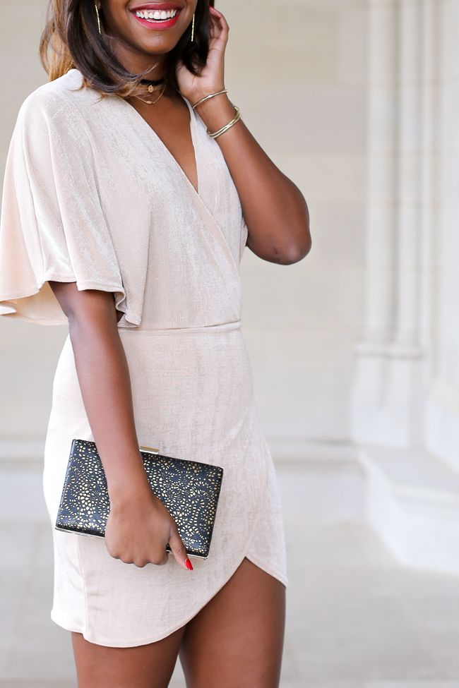 Black Lace Clutch, Gorjana Kylie Drop Earrings, Plunge Front Dress, Taudrey Choker