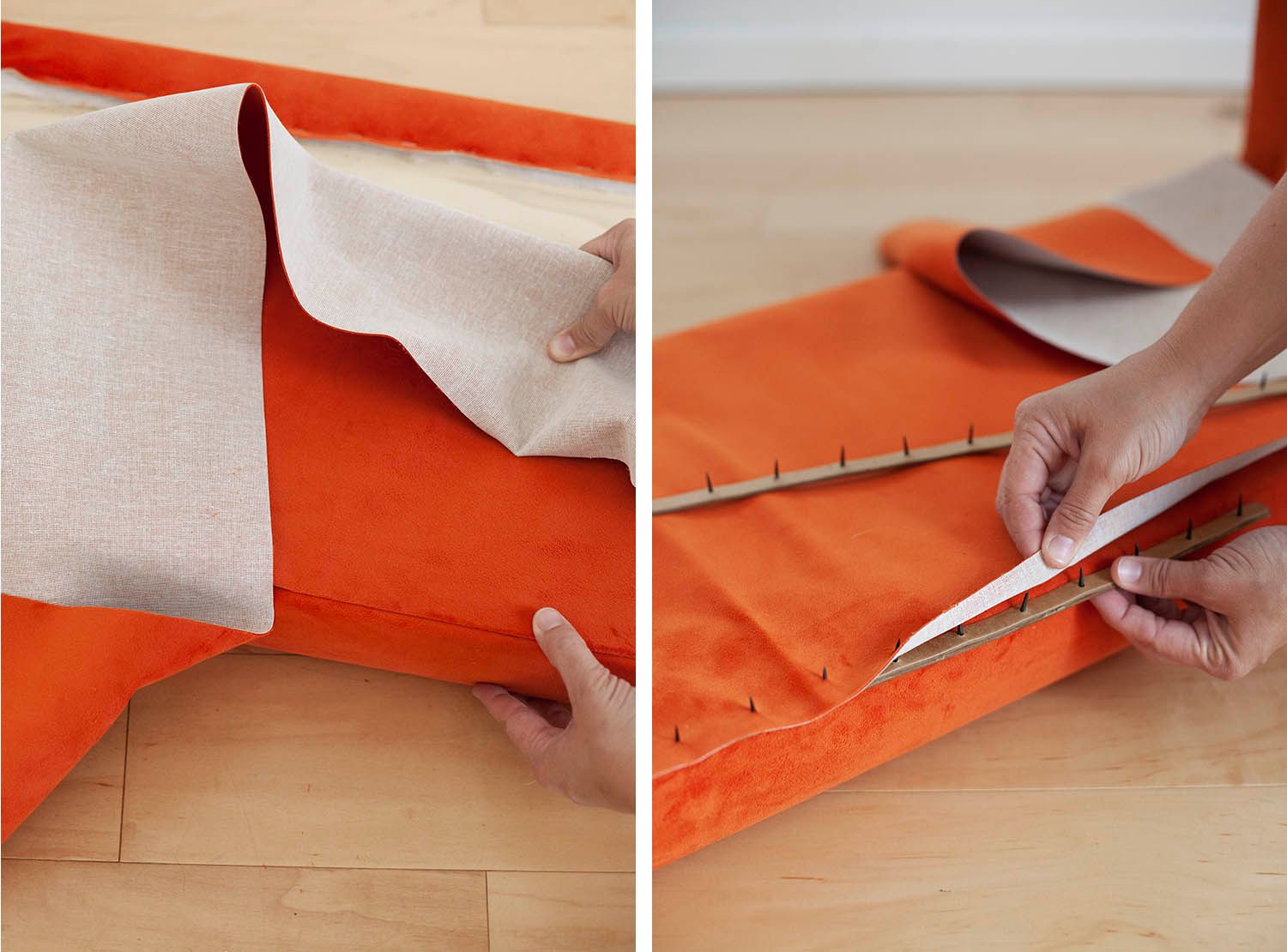 upholstered waterfall bench DIY