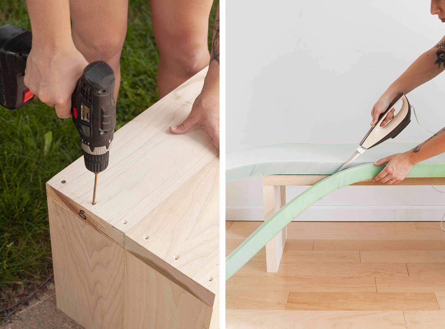 upholstered waterfall bench DIY