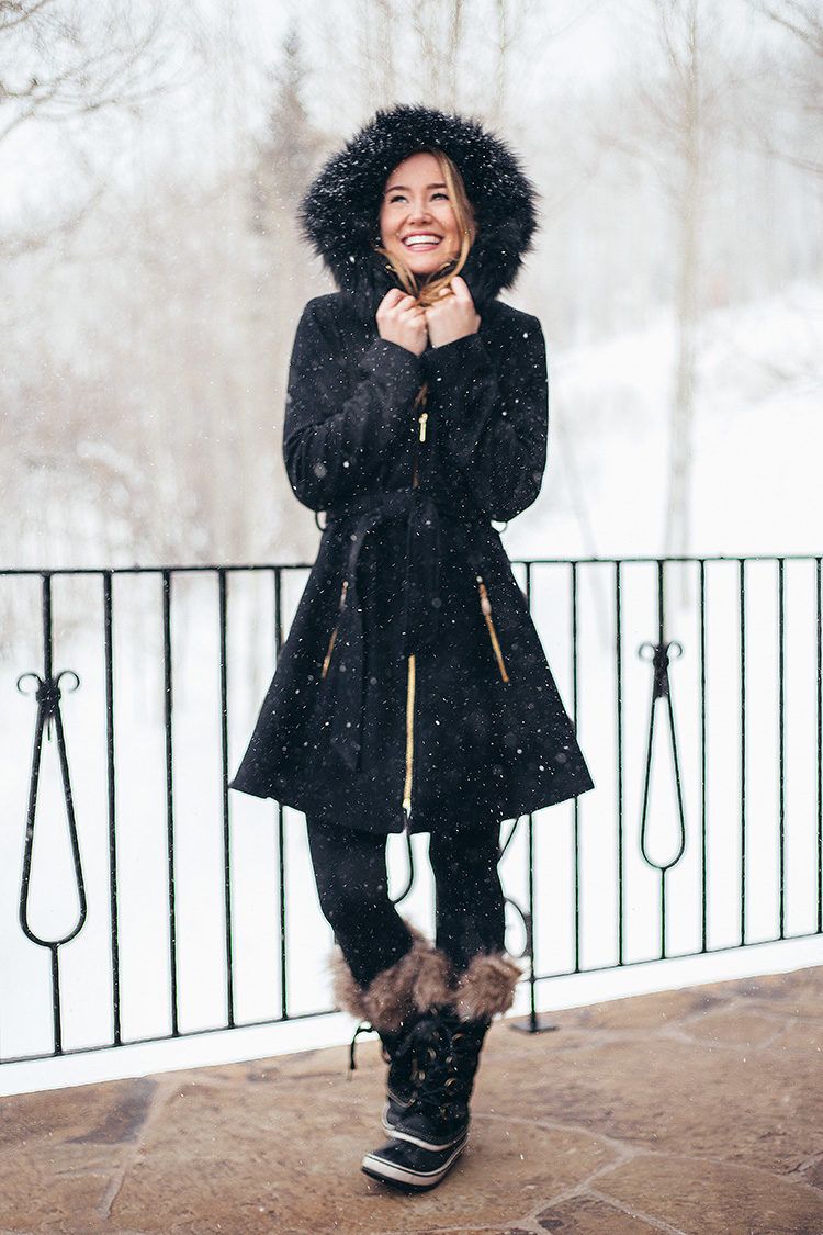 faux fur skirted coat, laundry coat, black aline coat, sorel joan of arctic boots, cute snow outfit