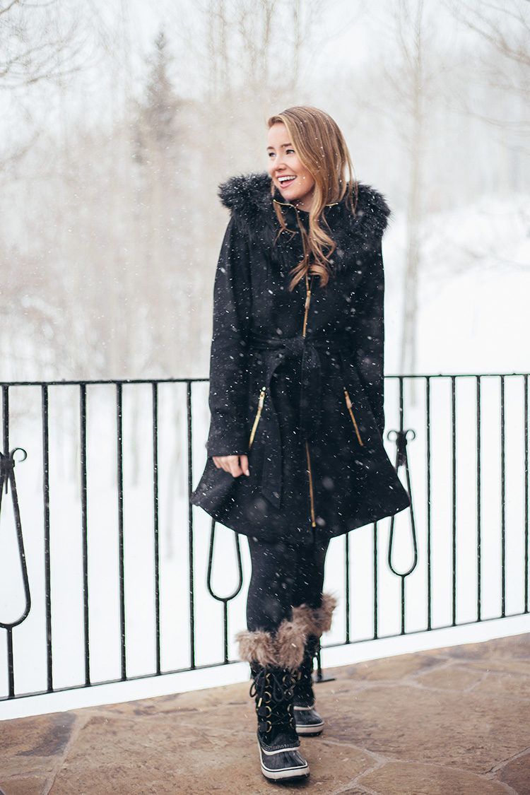faux fur skirted coat, laundry coat, black aline coat, sorel joan of arctic boots, cute snow outfit